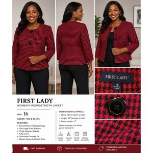 First Lady Women's Red Black Houndstooth Jacket Size 16 Career Blazer
